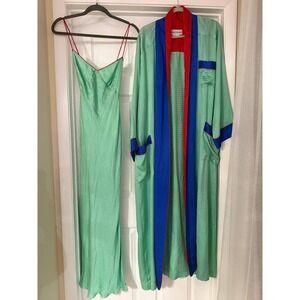 Fernando Sanchez Silk Slip Dress and Robe Set Green Blue Red Vintage Large